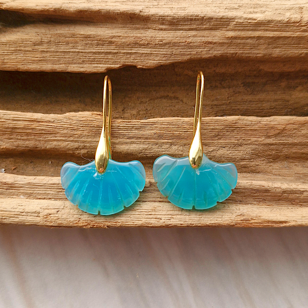 Carved Light Blue Jade Fan Single Hook Drop Earrings