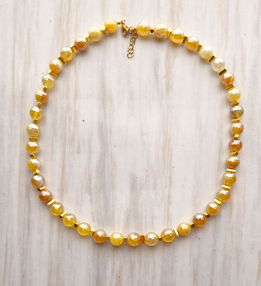 Chelsea Round Faceted Pearlized Yellow Quartz Bead Necklace