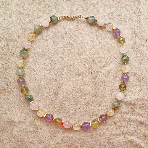 Chelsea Round Faceted Citrine, Amethyst, White and Green Quartz Beaded Necklace