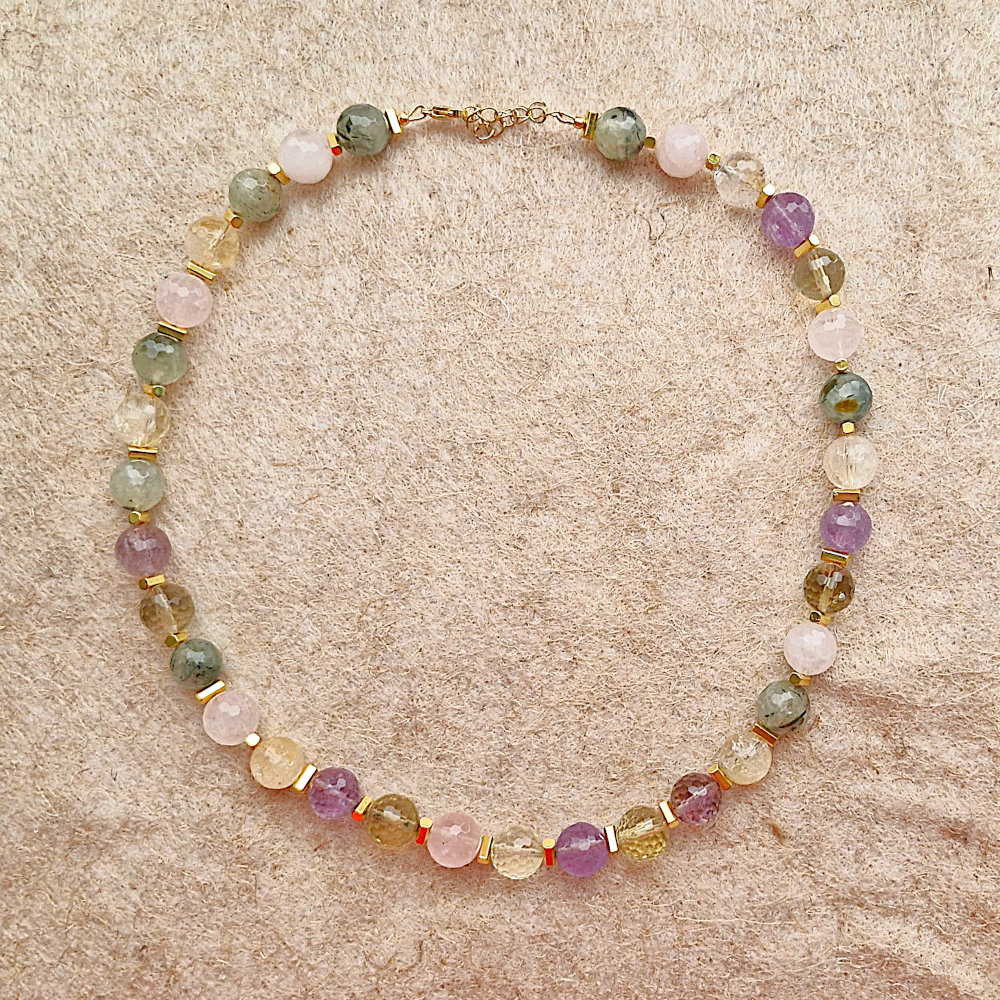 Chelsea Round Faceted Citrine, Amethyst, White and Green Quartz Beaded Necklace