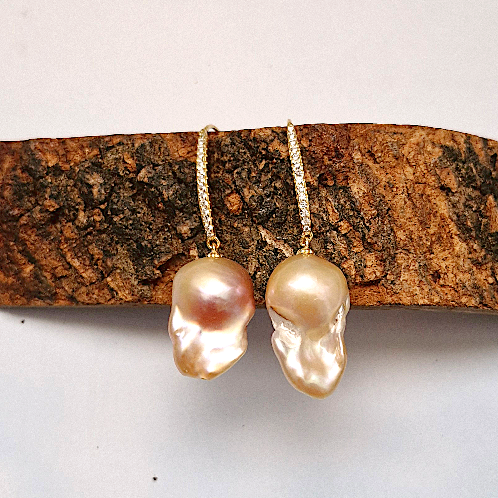 Peach Baroque Pearl Dangling Earrings Sterling Silver