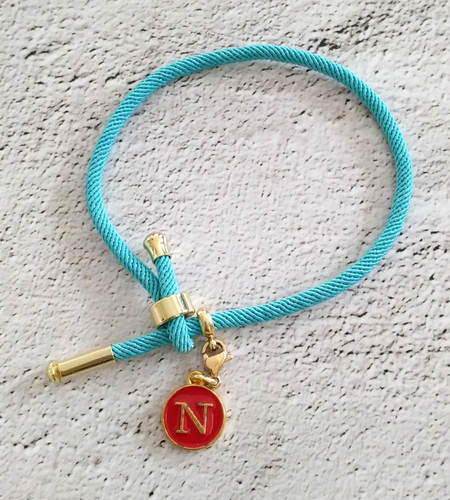 Dani Turquoise Band Red Initials Corded Slider Bracelet