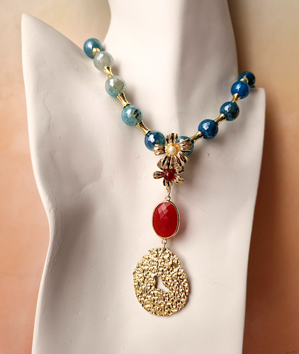 Double Flower Pearlized Blue Agate Long Necklace