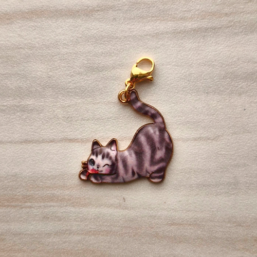 Enameled Grey Tabby Cat Charm