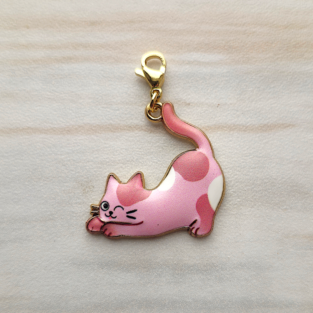 Enameled Pink Tabby Cat Charm