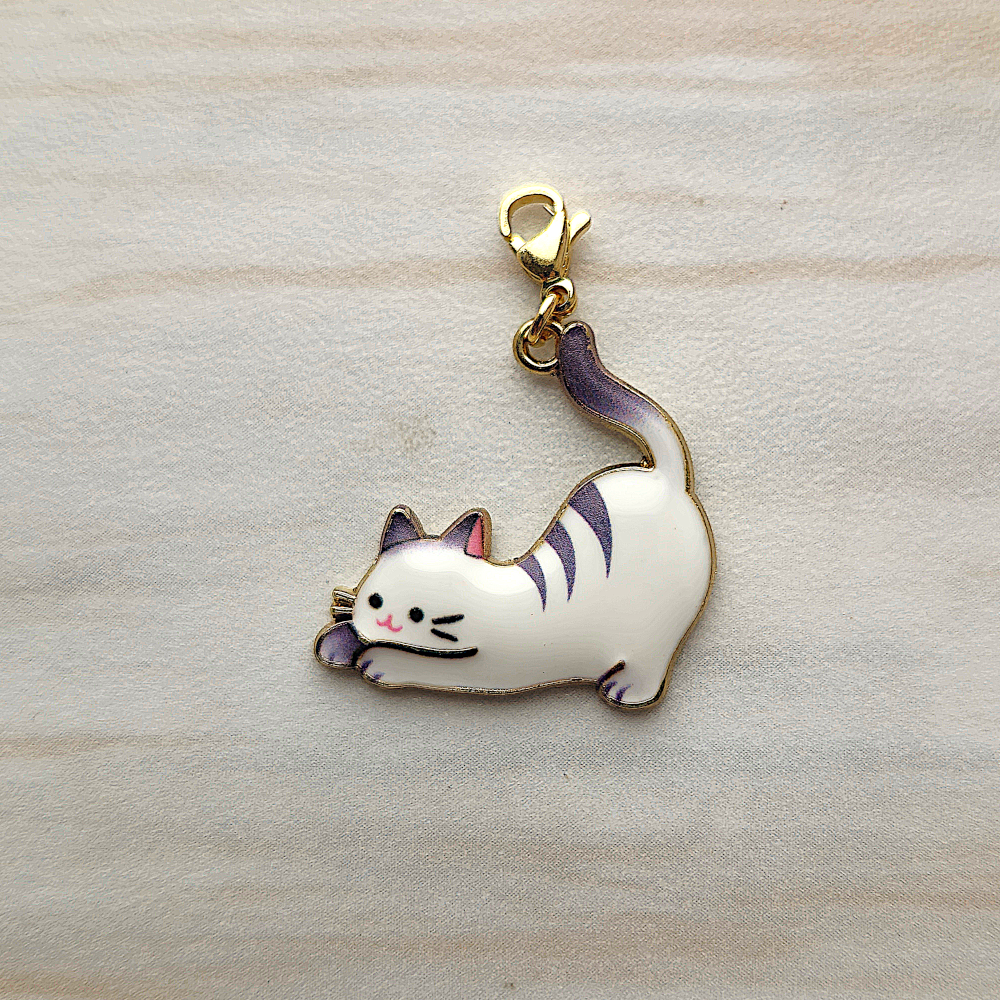 Enameled White Tabby Cat Charm