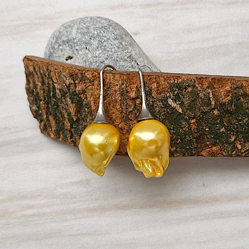 Gold Baroque Pearl Capped Fish Hook Earrings Brass