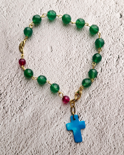 Green and Red Agate with Turquoise Cross Gemstone Rosary Bracelet