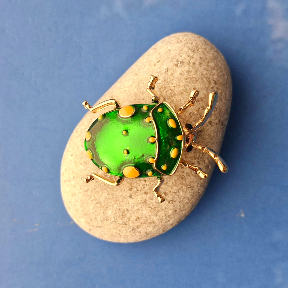 Enameled Green Beetle Brooch
