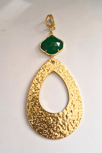 Green Jade and Hammered Teardrop Large Necklace Pendant