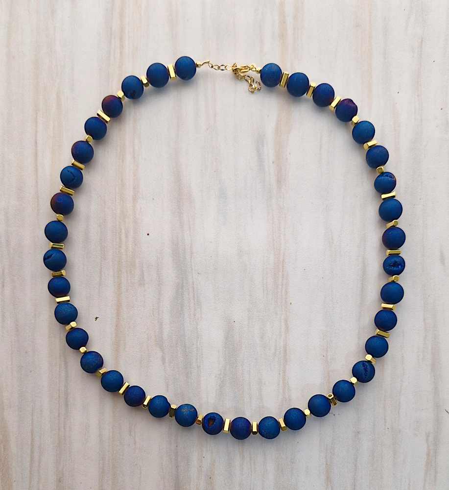 Chelsea Round Titanium Coated Blue Agate Geode Bead Necklace
