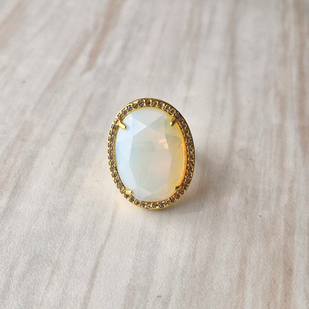 Haloed White Opalized Quartz Cocktail Ring