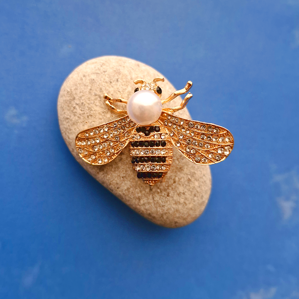 White Cubic Zirconia and Pearl Honeybee Brooch