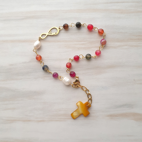 Infinite Love Gemstone Rosary Bracelet with Amber Mother of Pearl Cross