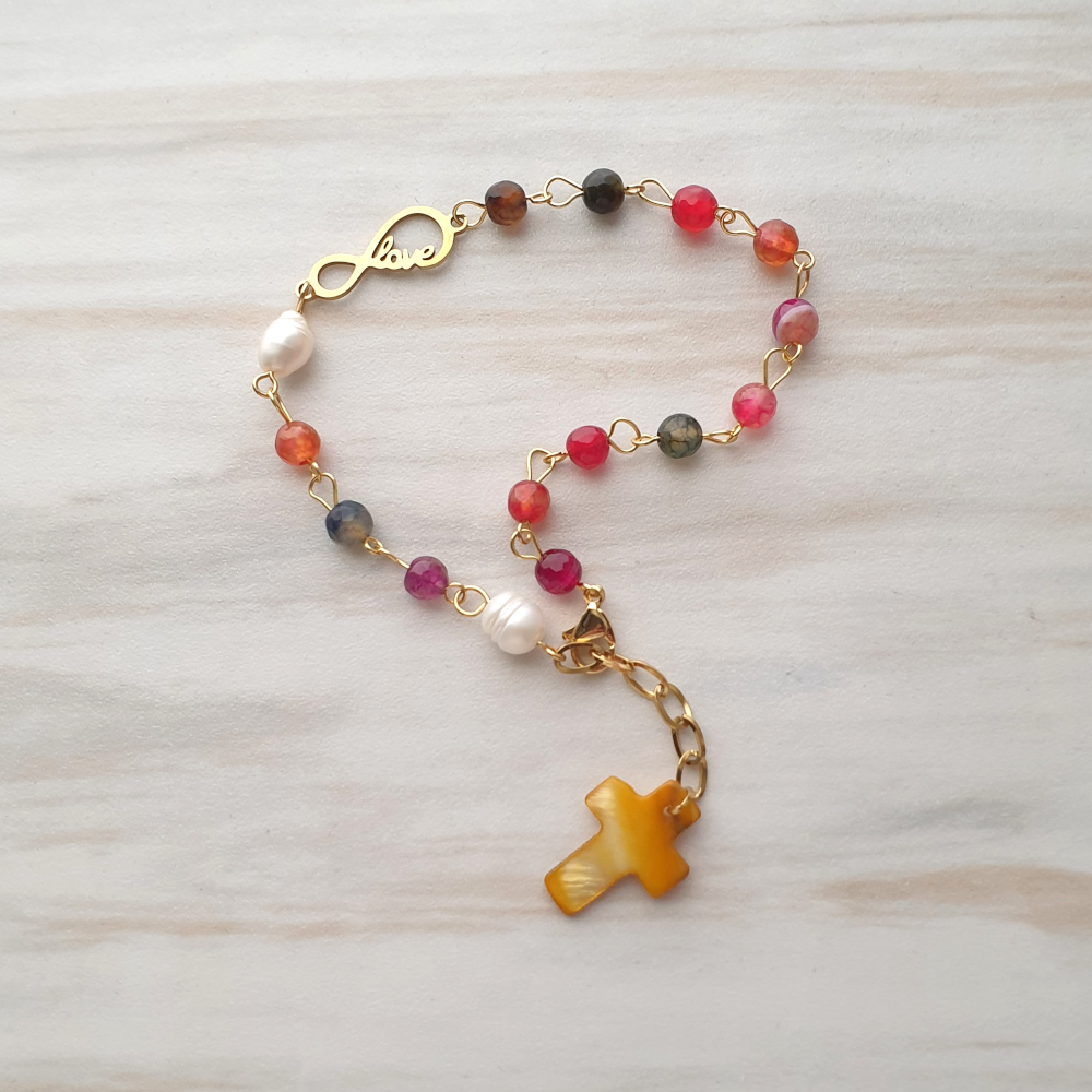 Infinite Love Gemstone Rosary Bracelet with Amber Mother of Pearl Cross