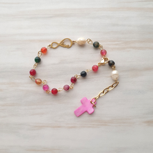 Infinite Love Gemstone Rosary Bracelet with Hot Pink Mother of Pearl Cross