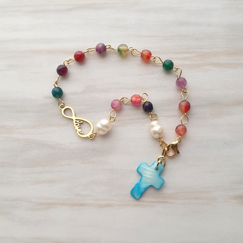 Infinite Love Gemstone Rosary Bracelet with Turquoise Mother of Pearl Cross