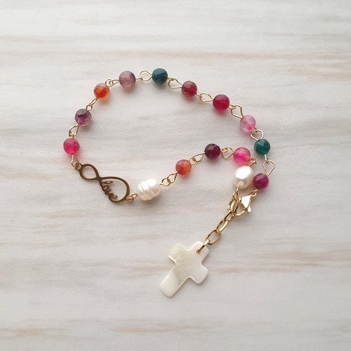 Infinite Love Gemstone Rosary Bracelet with White Mother of Pearl Cross
