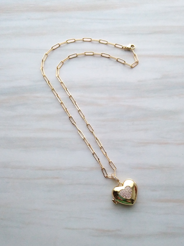 Jeweled Heart Locket Paperclip Necklace