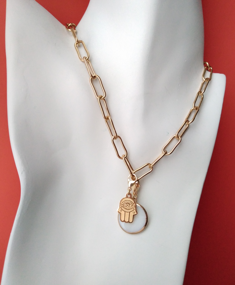 Khamsa with Mother of Pearl Paperclip Necklace