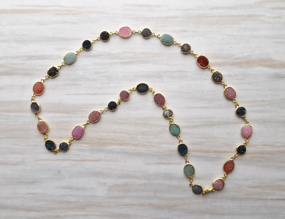 Multicolor Druzy Agate Geode Slice Jeweled Necklace