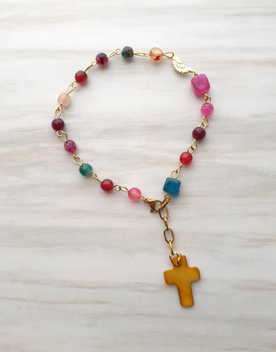 Gemstone Rosary Bracelet with Yellow Mother of Pearl Cross