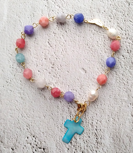 Gemstone Rosary Bracelet with Turquoise Cross