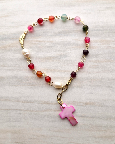 Multicolor Gemstone Rosary Bracelet with Pink Mother of Pearl Cross
