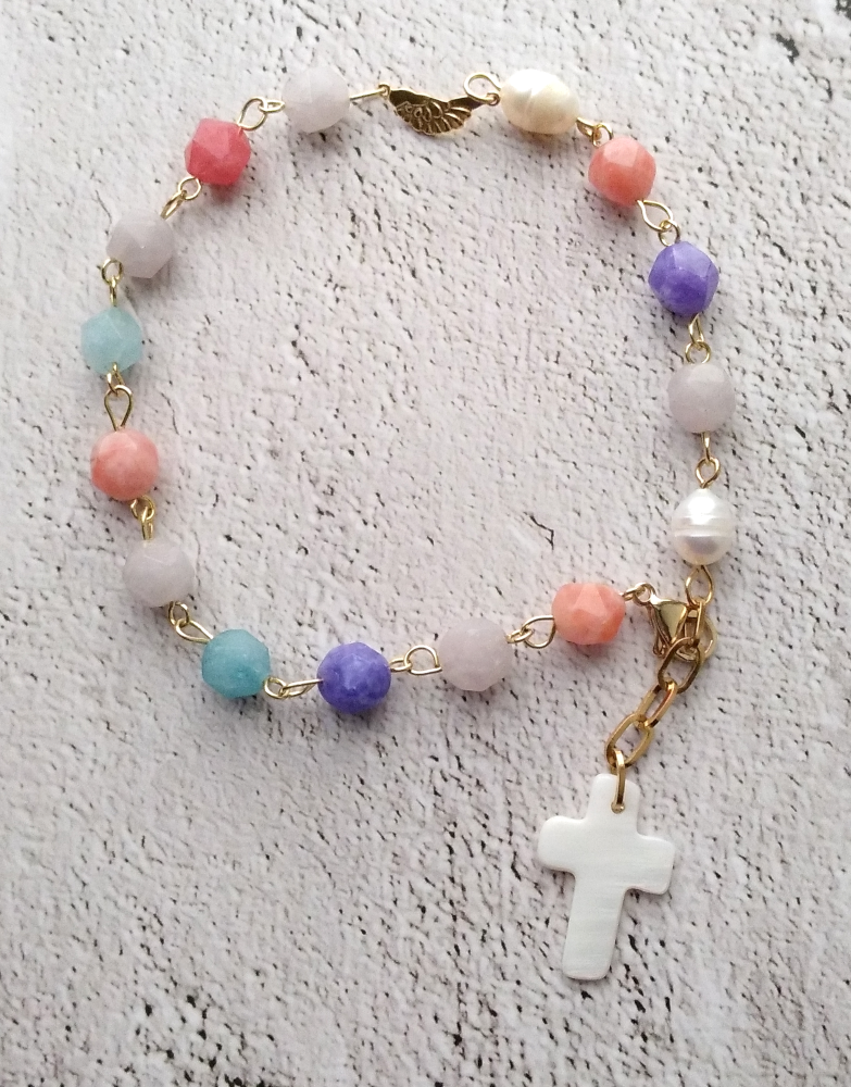 Gemstone Rosary Bracelet with White Mother of Pearl Cross