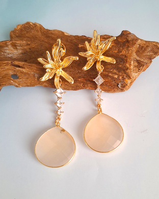 Spider Mum Drop Earrings – Gold, Pink Chalcedony & CZ