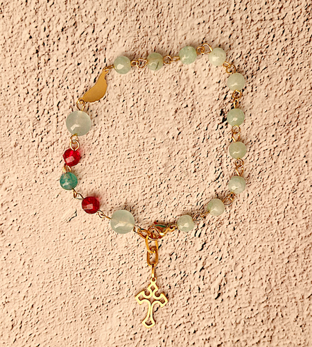 Light Green Jade Rosary Bracelet with Metal Cross