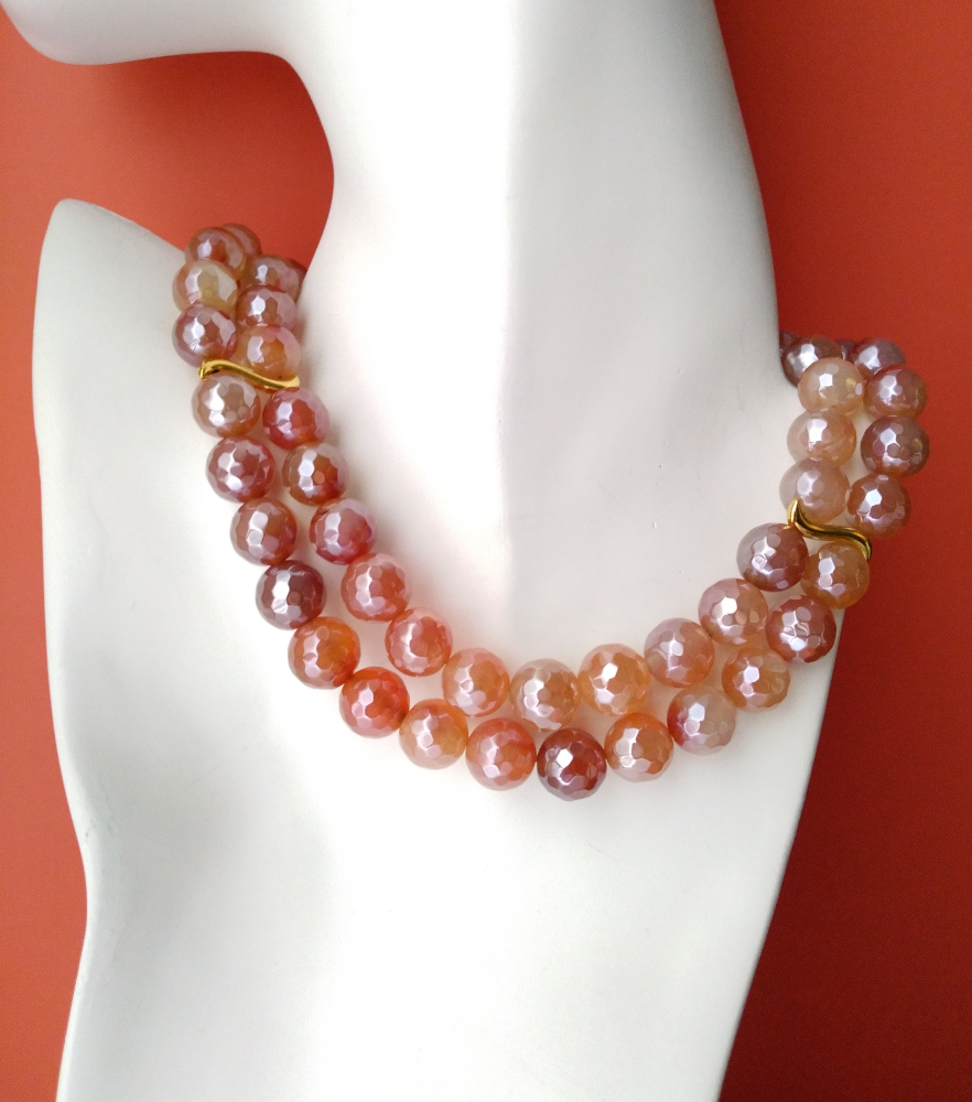 Pearlized Peach Agate Double Strand Necklace