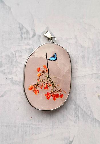Butterfly and Flowers on Rose Quartz Bag Charm Big