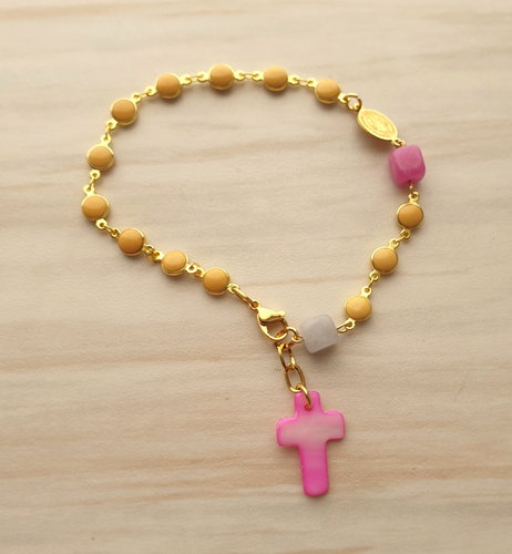 Pink Agate Cross & Yellow Shell Rosary Bracelet