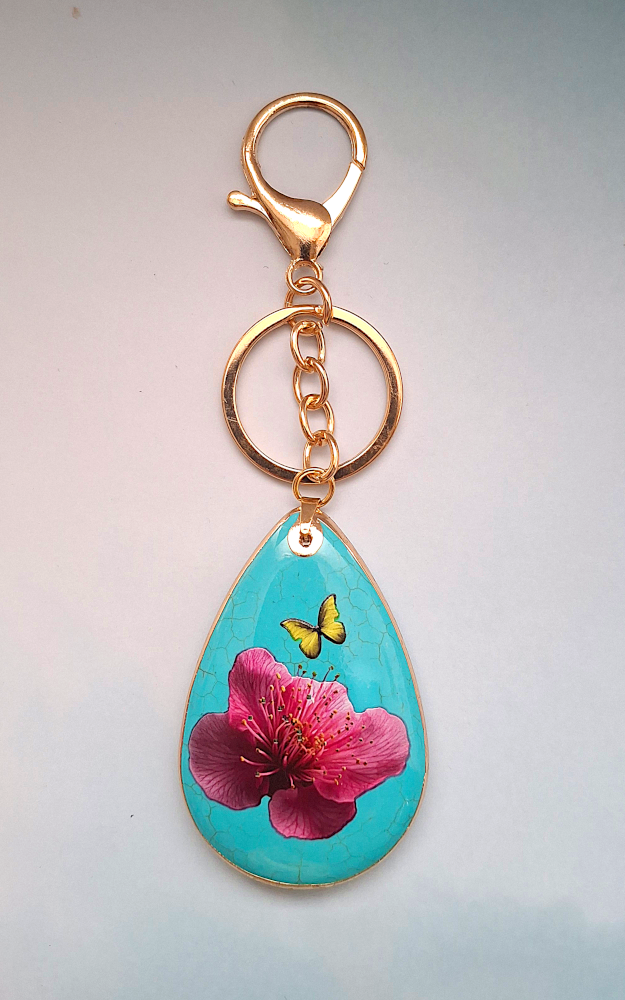 Pink Flowers with Dragonfly on Turquoise Bag Charm