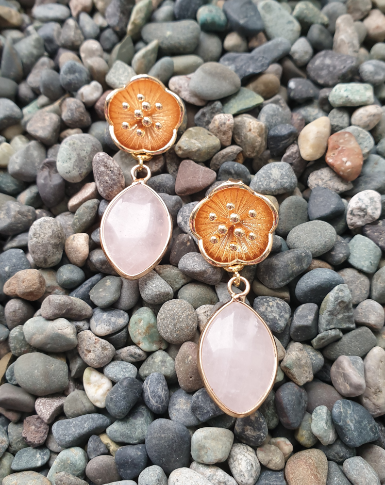 Pistil Flower Studs with Marquis Rose Quartz Detachable Dangles