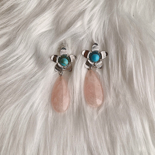 Plumeria Turquoise Studs with Rose Quartz Detachable Dangles