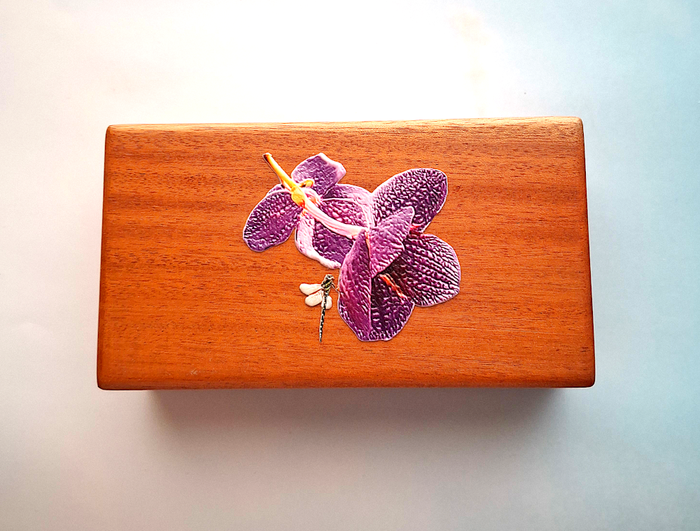 Purple Orchid Flower with Dragonfly Mahogany Box