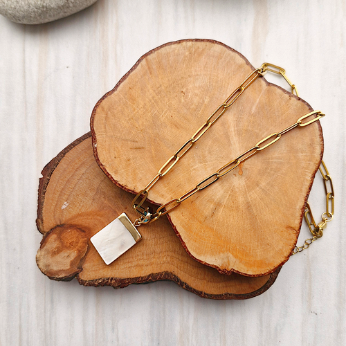White Mother of Pearl Rectangular Banner Single Drop Necklace