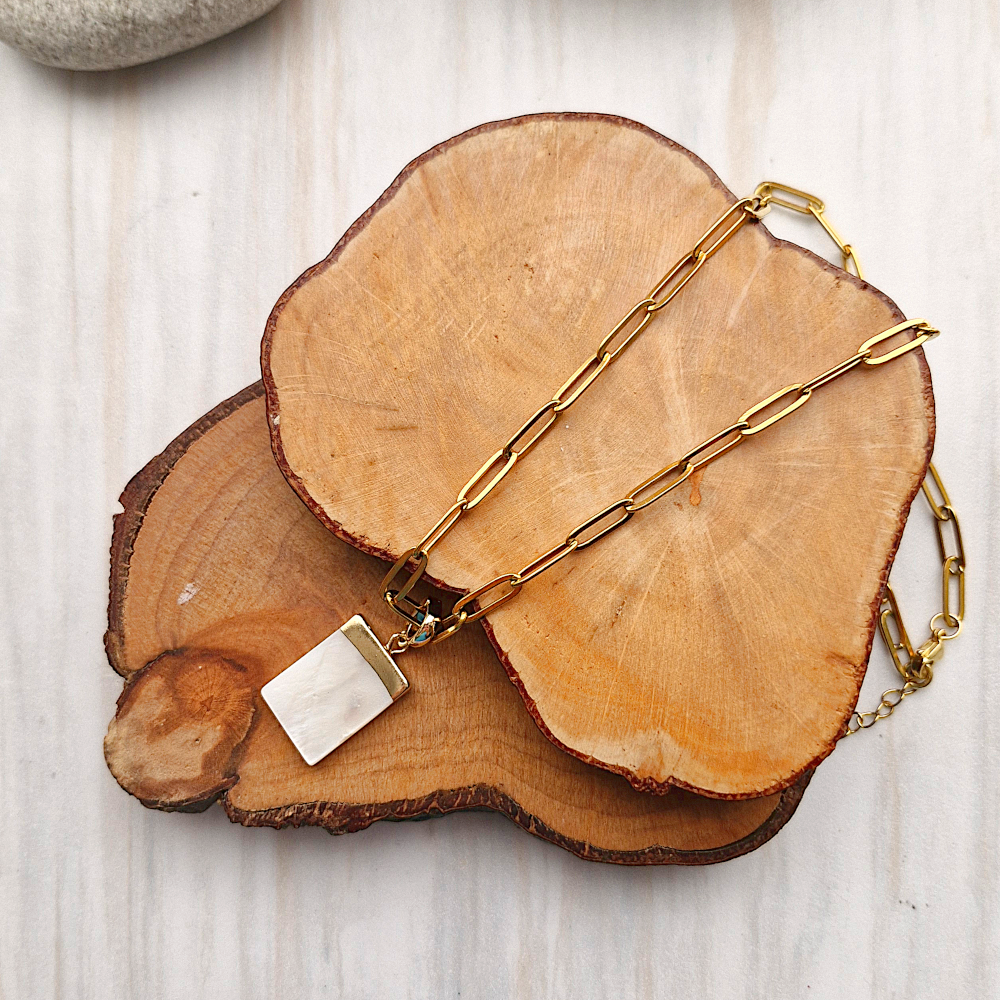 White Mother of Pearl Rectangular Banner Single Drop Necklace