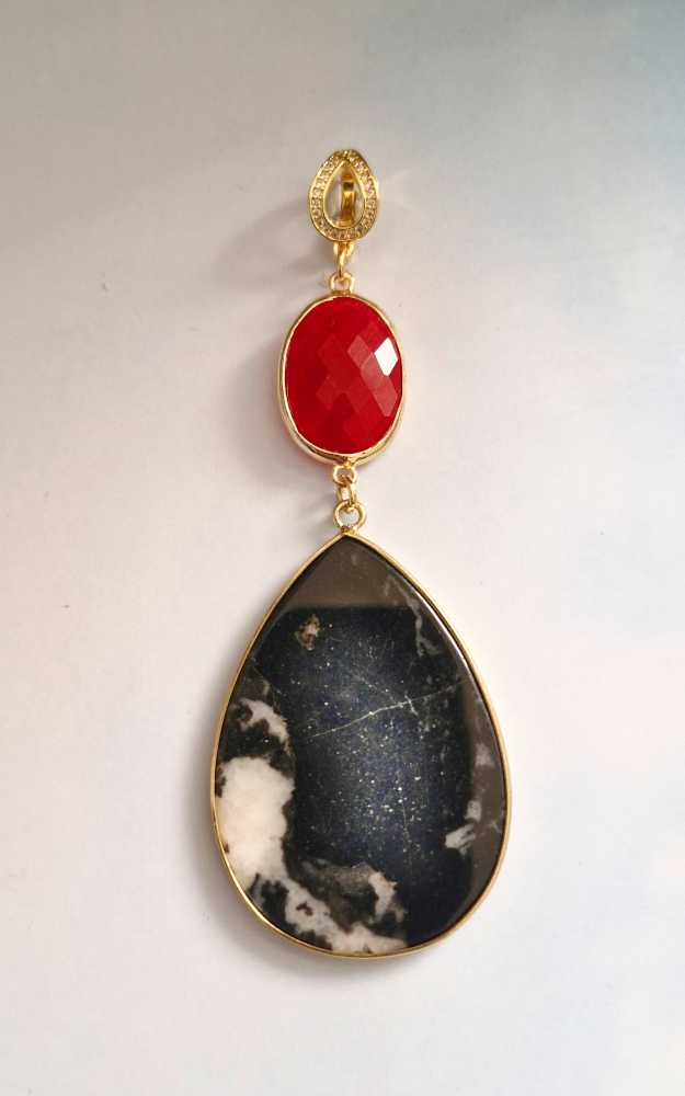 Red Jade and Black Agate Large Necklace Pendant
