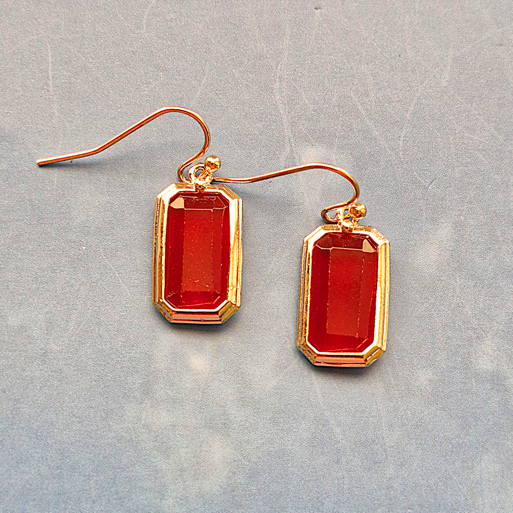 Red Jade Rectangle Single Drop Hook Earrings