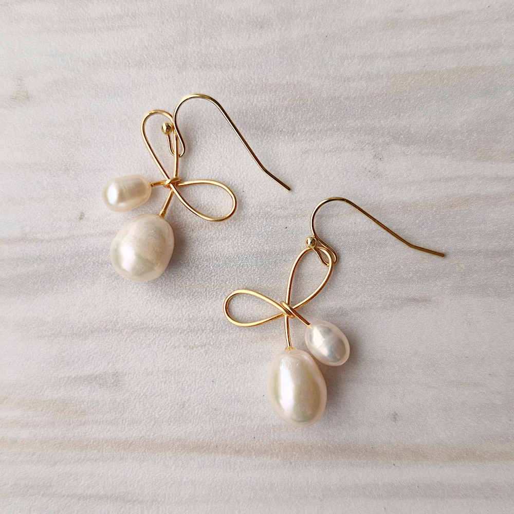 White Pearl Ribbon Single Hook Drop Earrings