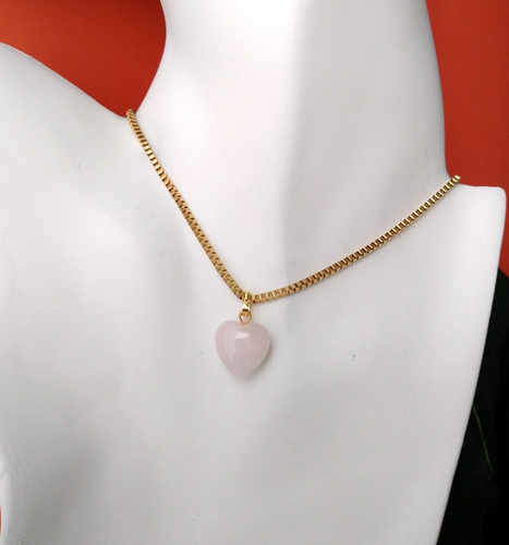 Rose Quartz Heart Cabochon Single Gem Drop Necklace