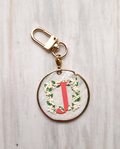 Sampaguita Initials on White Mother of Pearl Bag Charm