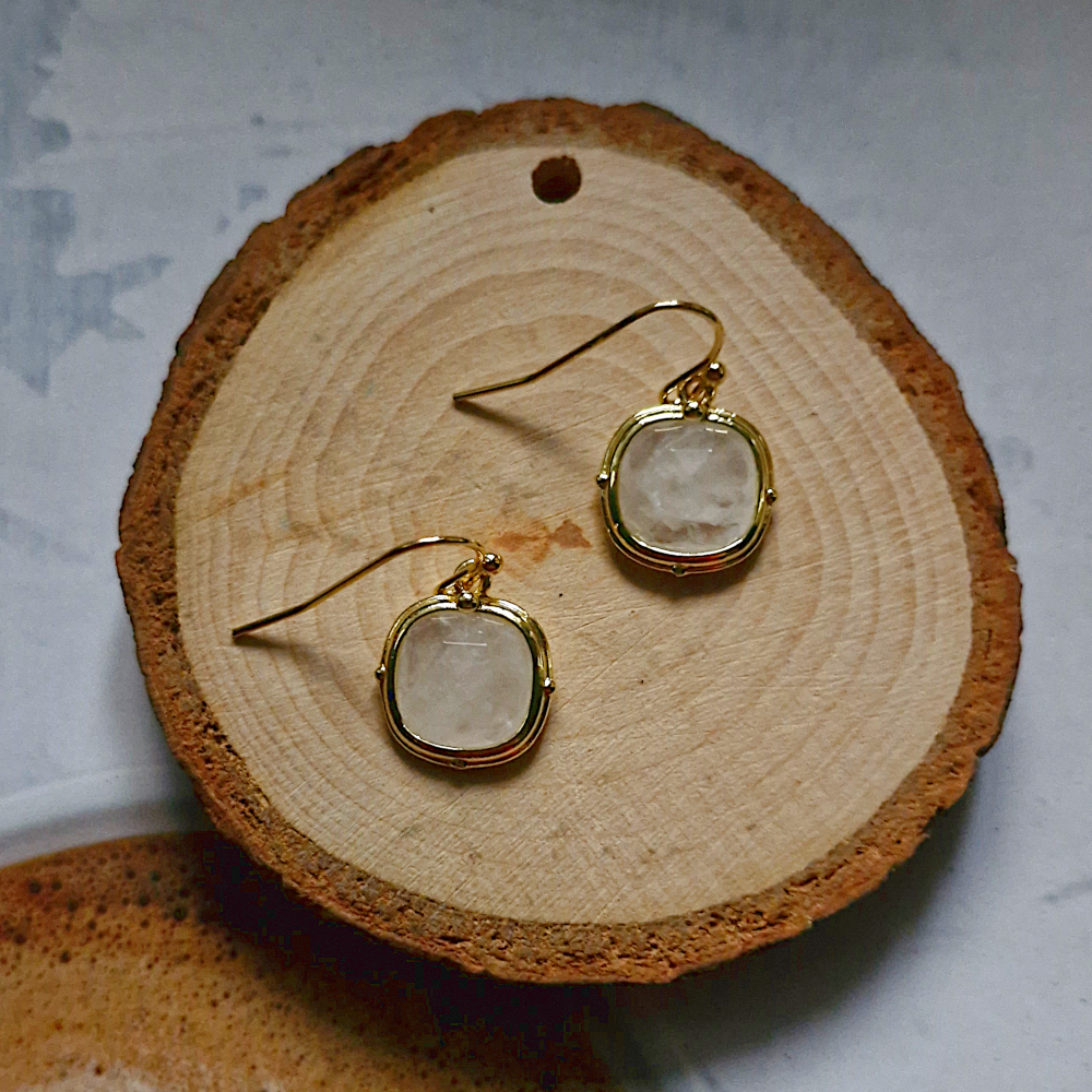 White Quartz Rim set Square Single Hook Drop Earrings