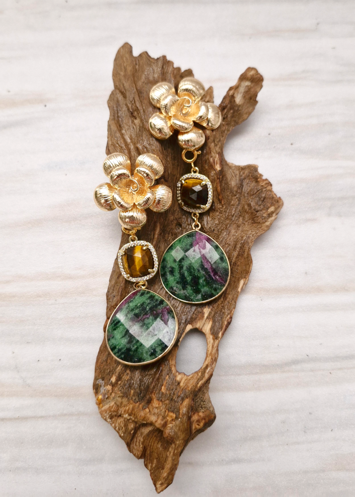 Textured Rose Studs with Tiger's Eye and Ruby Zoisite Drops