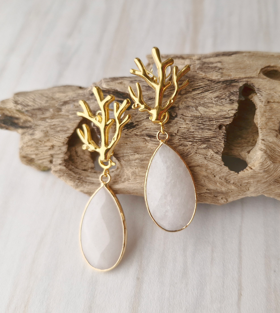 Tree Branches Stud with Detachable White Jade Dangles