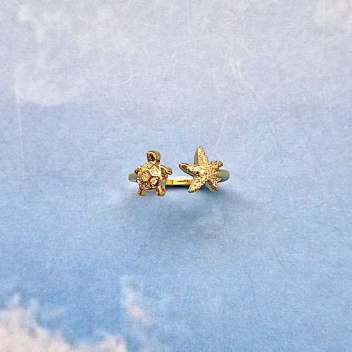 Turtle and Starfish White Cubic Zirconia Ring