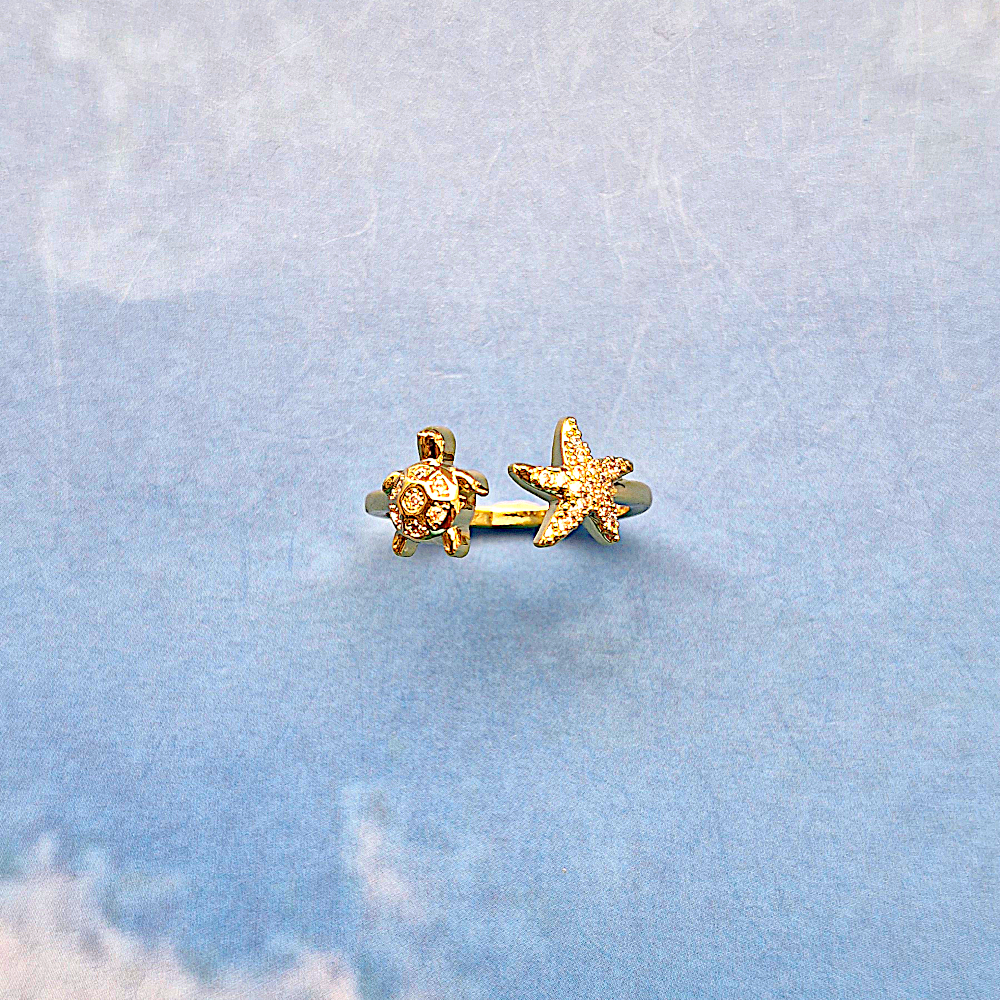 Turtle and Starfish White Cubic Zirconia Ring